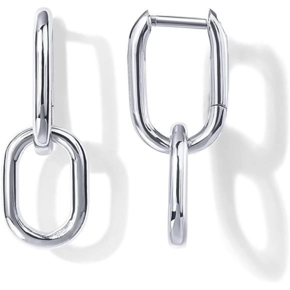 14K White Gold Convertible Link Earrings Women Paperclip Link Chain Drop Dangle - Picture 1 of 5